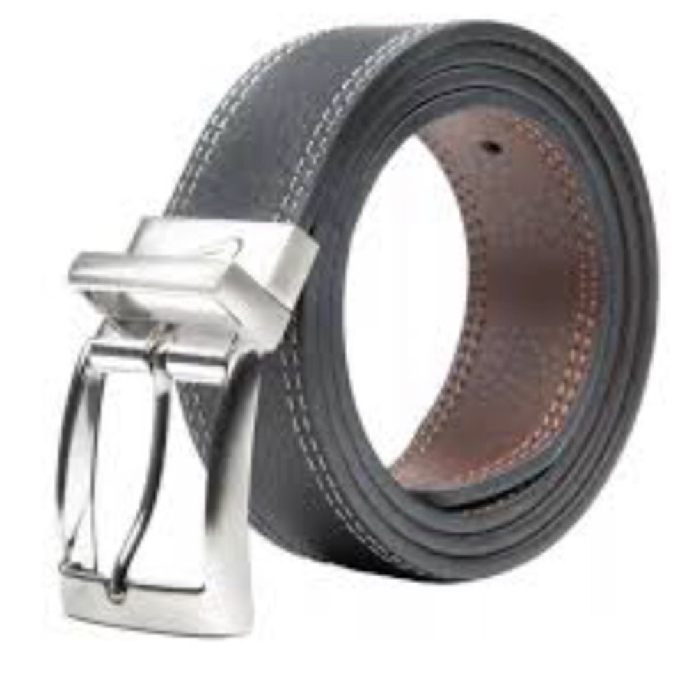 NIKE Men Double Row Stitched Reversible Leather Belt Black/White Silver Buckle